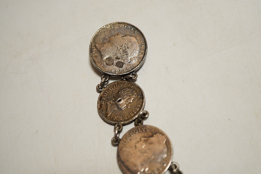 A Victorian silver and silver plated coin belt, formed of various coins Charles II and later, length 62 cm., gross weight approx. 6.65ozt